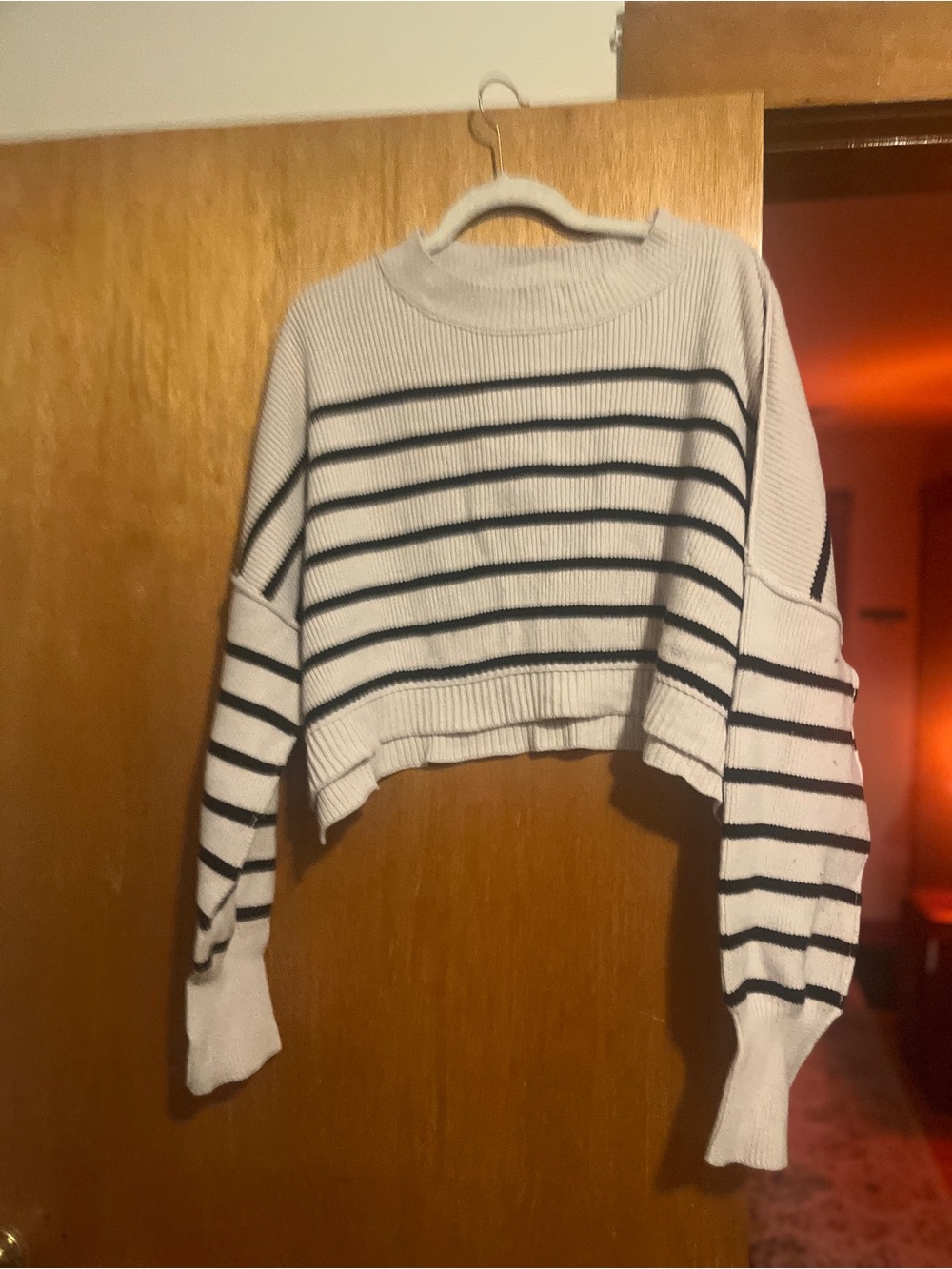 Free People Cropped Crewneck Sweater - Cream and Black Stripes